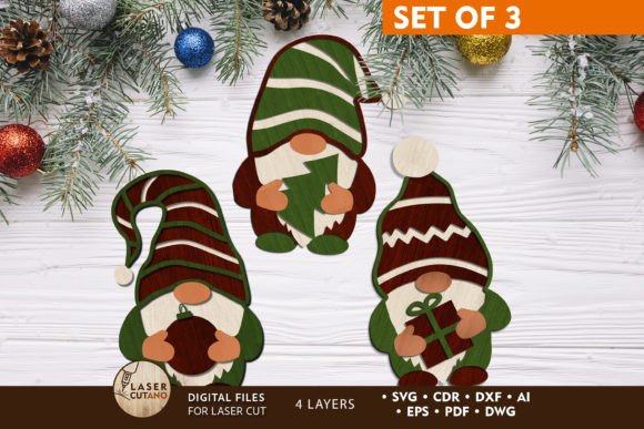 Download GNOMES CHRISTMAS ORNAMENTS SET, Wood Cut - Ornaments Collection